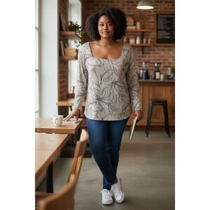 Chico's Linen Blend Square Neck Long Sleeve‎ Floral Print Tunic Top Size 3 or XL